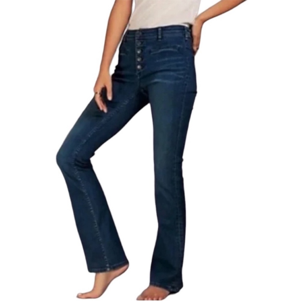 Free People Kaye Button Fly Mid Rise Flare Dark Wash Denim Jeans 28